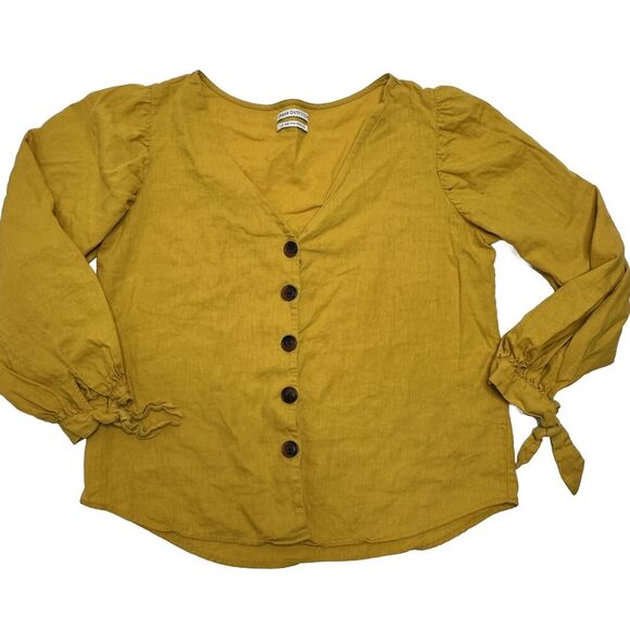 Urban Outfitters Size Large Top Mustard Yellow Linen Button Front Puff Sleeve - Picture 1 of 7